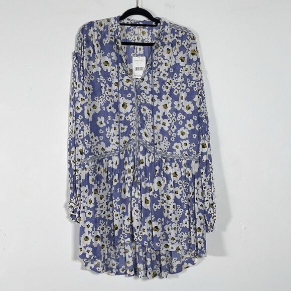 Free People Love Letter Tunic Top Mini Dress Sz S Blue Floral Long Sleeve - Picture 3 of 14